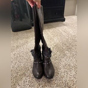 Brownish gray knee high boots